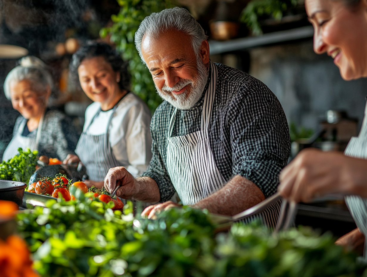 Възрастни хора готвят здравословна храна заедно в кухня