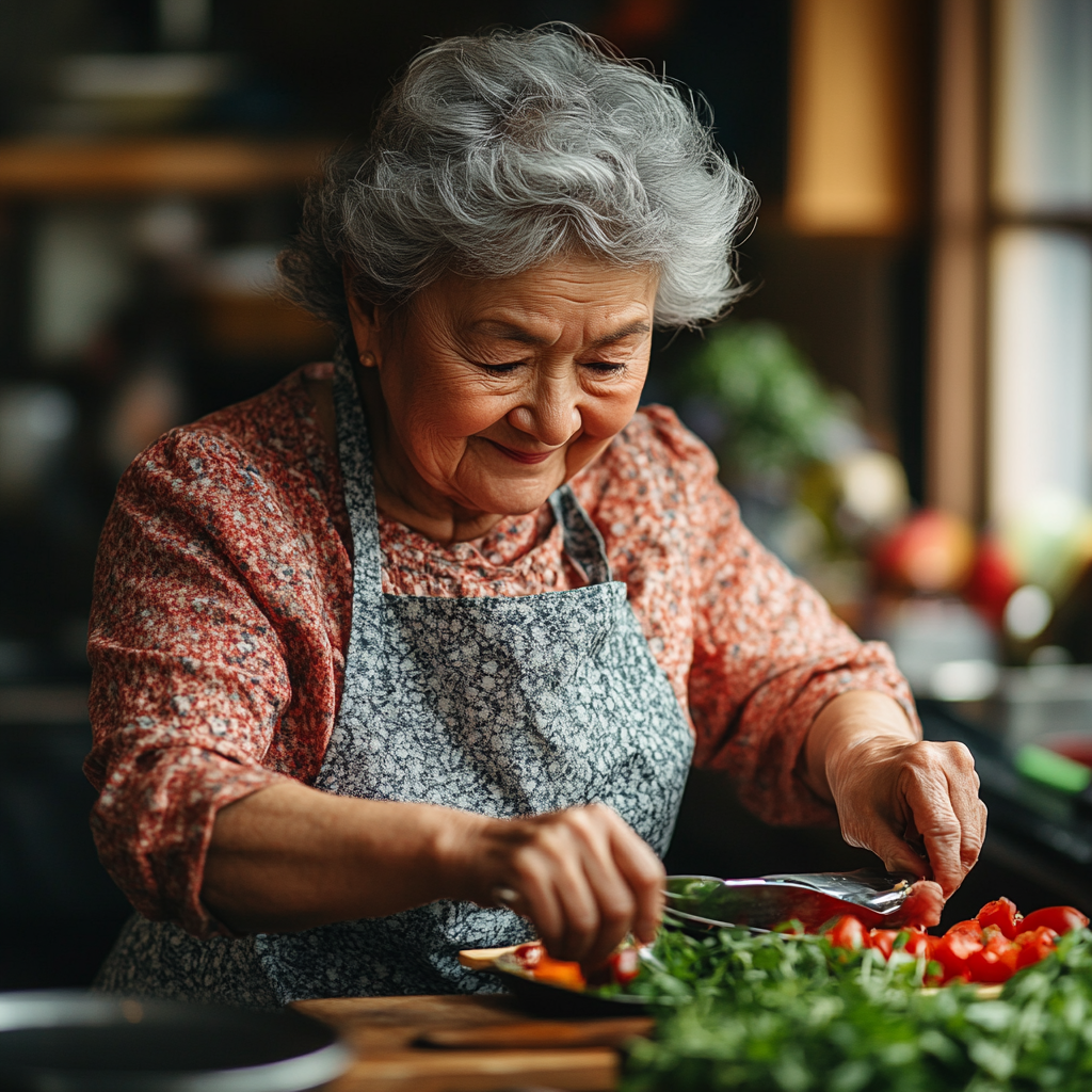 Възрастна двойка готви здравословна храна заедно